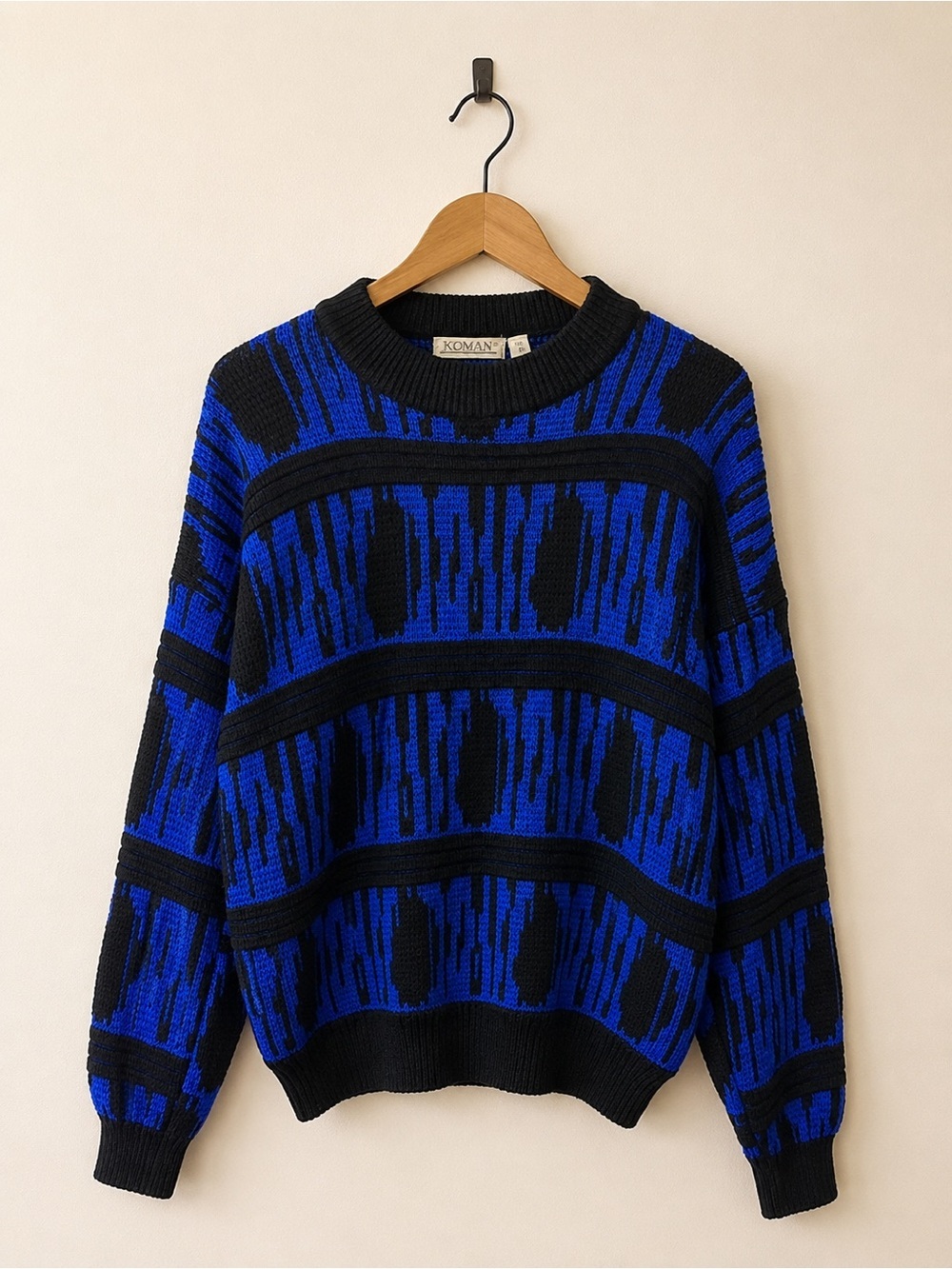 Vintage KOMAN Blue Black Abstract Knit Sweater Medium 80s 90s Crewneck Pullover
